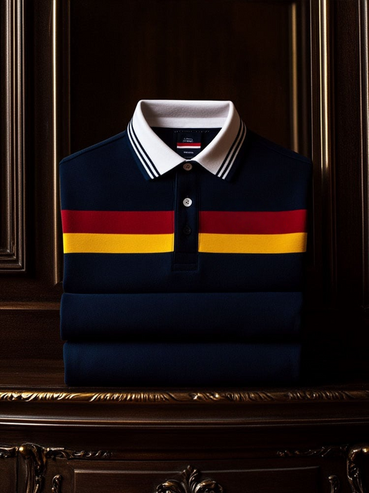 Men's Vintage Business Coconut Tree Logo Stripe Print Long Sleeve Polo Shirt