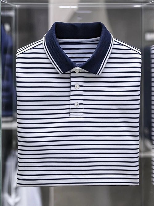 Men's Business Casual Striped Button Short Sleeve Polo Shirt