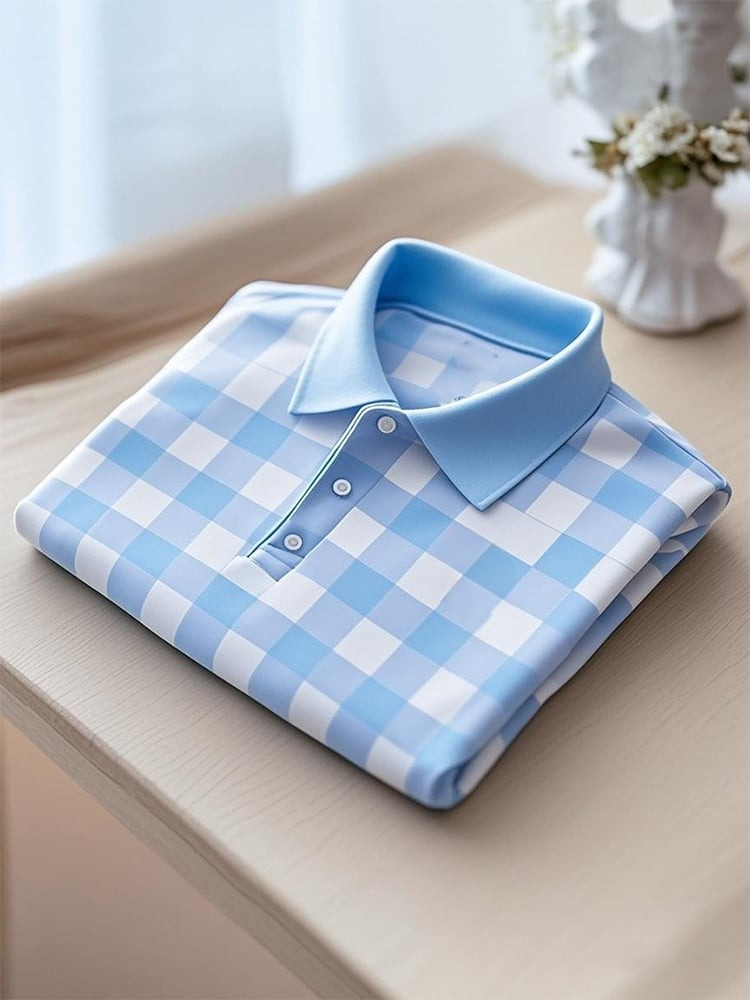 Men's Business Casual Plaid Button Short Sleeve Polo Shirt