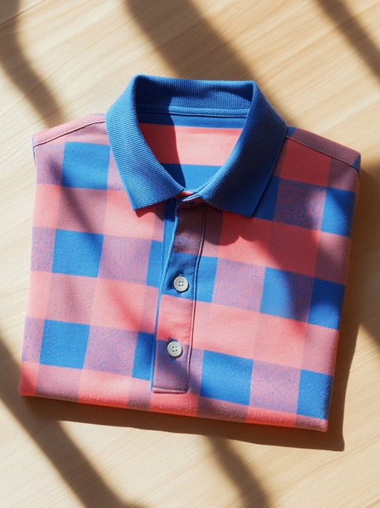 Men's Business Casual Plaid Button Short Sleeve Polo Shirt