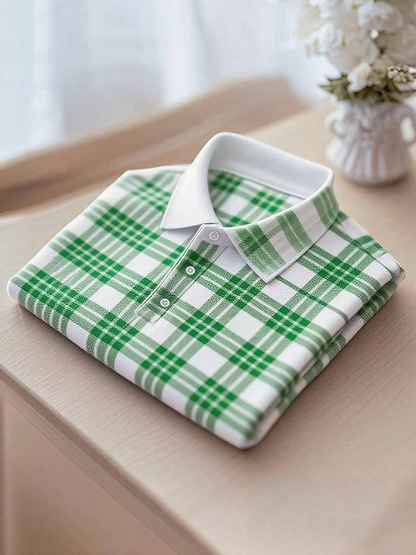 Men's Business Casual Plaid Button Short Sleeve Polo Shirt