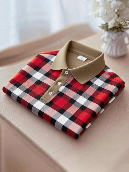 Men's Business Casual Plaid Button Short Sleeve Polo Shirt
