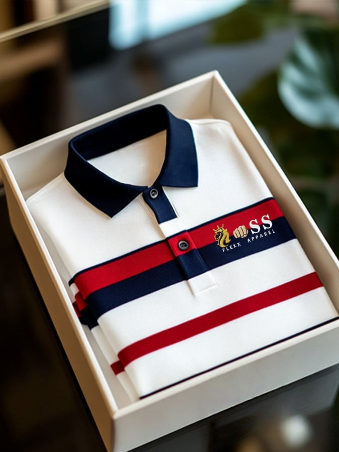 Men's Retro Letter Design Business Contrast Stripe Lapel Short-Sleeved Polo Shirt