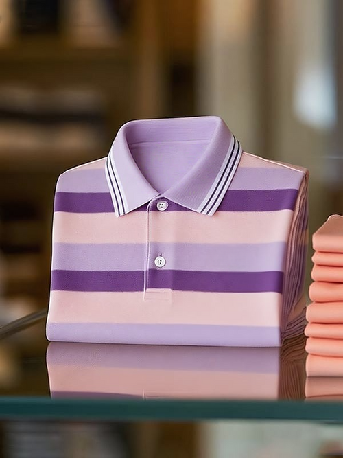 Men's Classic Business Stripe Logo Button Short Sleeve Polo Shirt