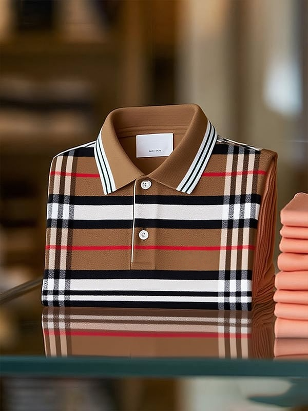 Men's Classic Business Stripe Logo Button Short Sleeve Polo Shirt