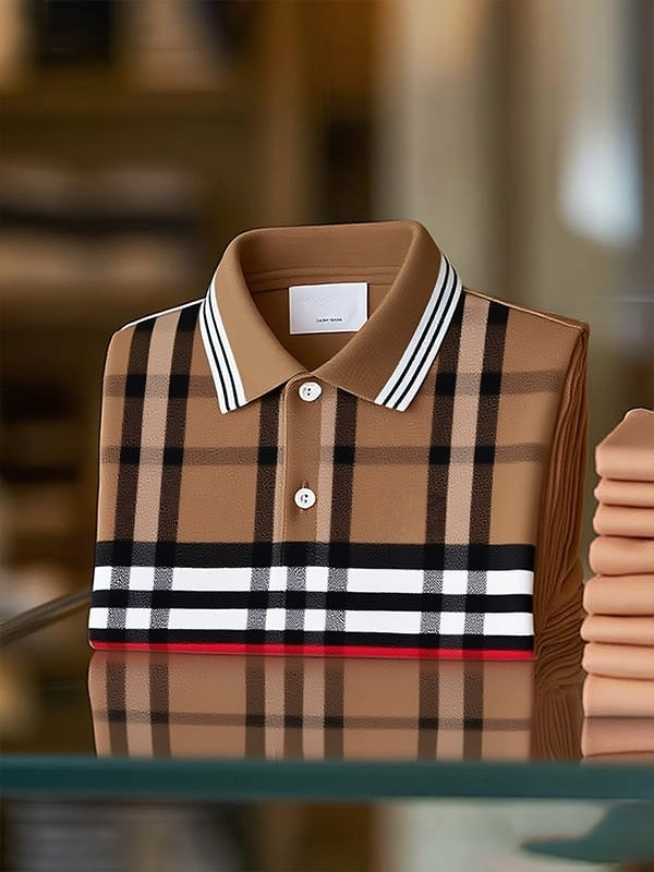 Men's Classic Business Stripe Logo Button Short Sleeve Polo Shirt