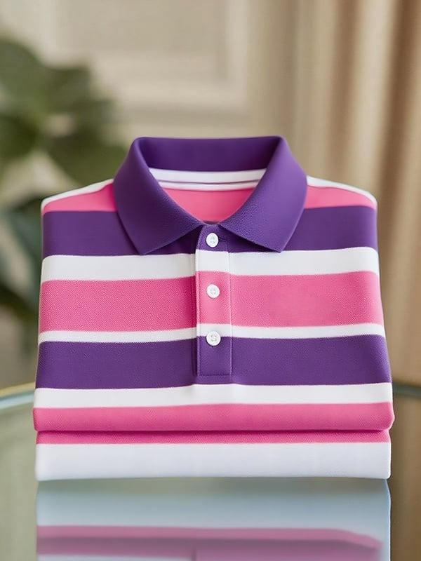 Men's Classic Business Stripe Logo Button Short Sleeve Polo Shirt