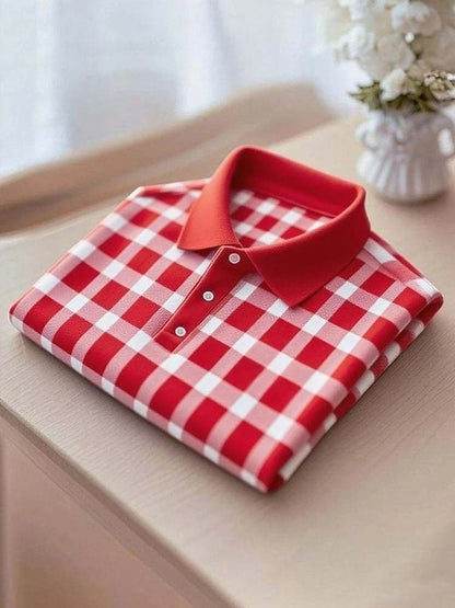 Men's Business Casual Red Plaid Button Short Sleeve Polo Shirt