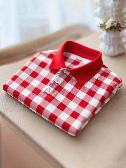 Men's Business Casual Red Plaid Button Short Sleeve Polo Shirt