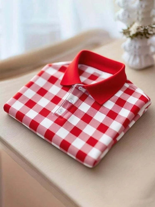 Men's Business Casual Red Plaid Button Short Sleeve Polo Shirt