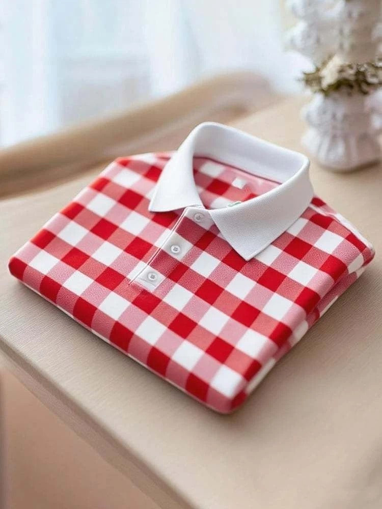 Men's Business Casual Red Plaid Button Short Sleeve Polo Shirt