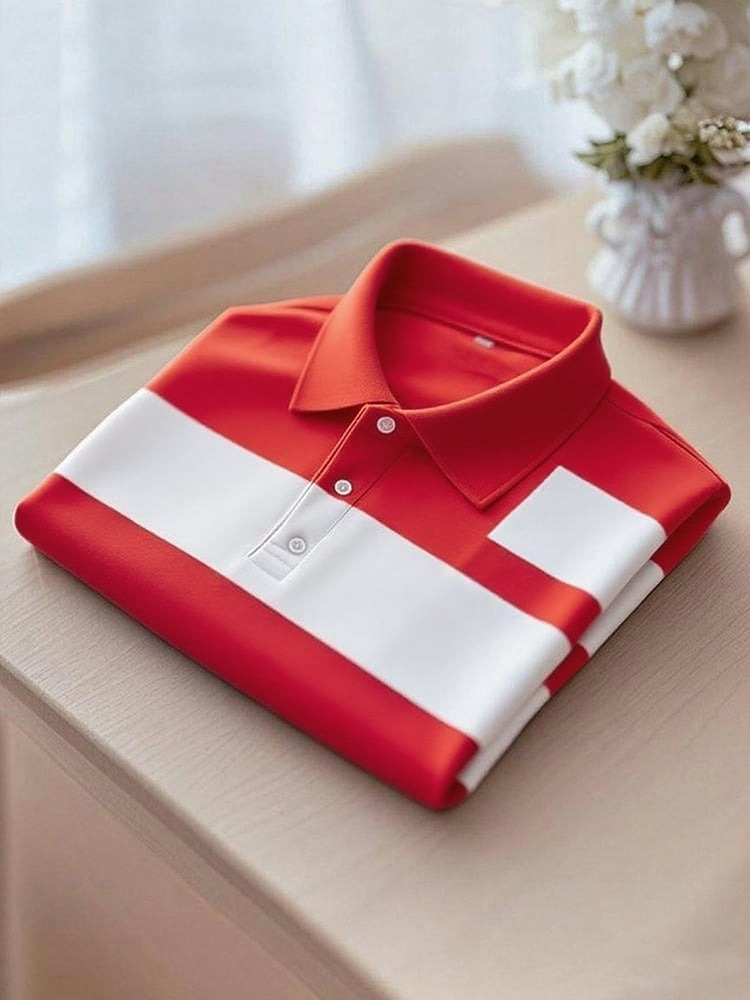 Men's Business Casual Red Color Block Button Short Sleeve Polo Shirt