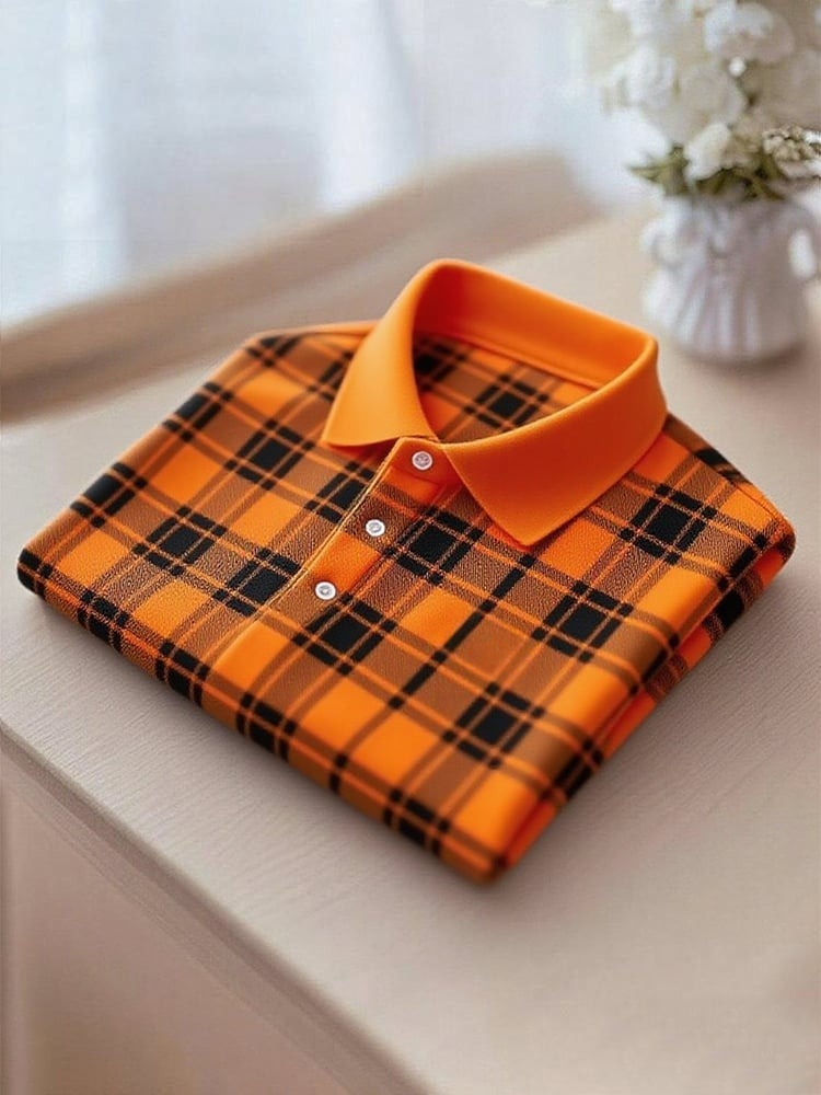 Men's Business Casual Plaid Button Short Sleeve Polo Shirt
