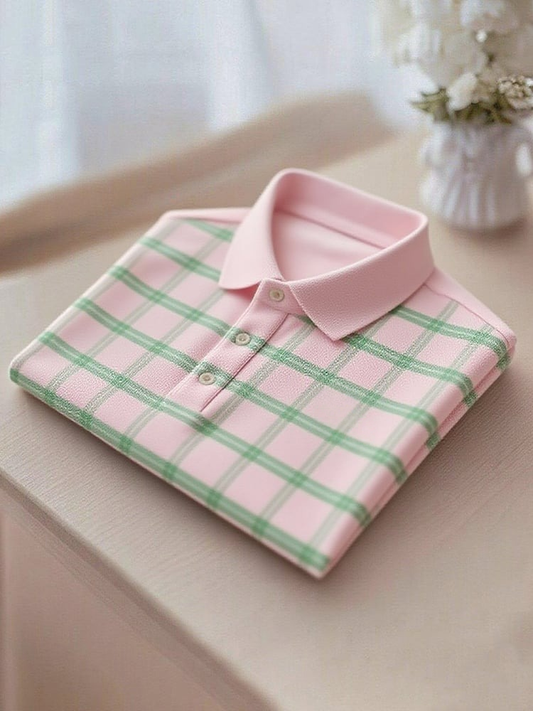 Men's Business Casual Pink Green Plaid Button Short Sleeve Polo Shirt