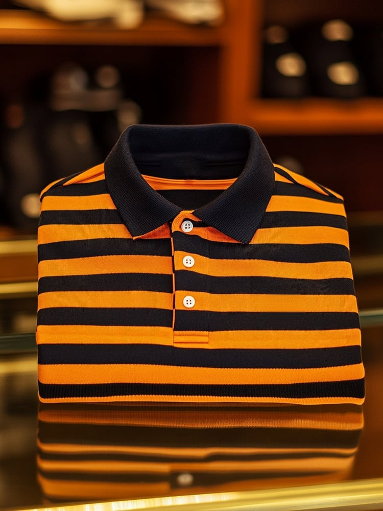 Men's Business Casual Orange Stripe Button Short Sleeve Polo Shirt