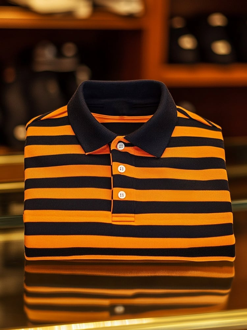 Men's Business Casual Orange Stripe Button Short Sleeve Polo Shirt