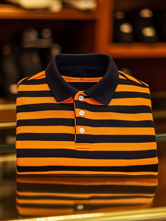 Men's Business Casual Orange Stripe Button Short Sleeve Polo Shirt