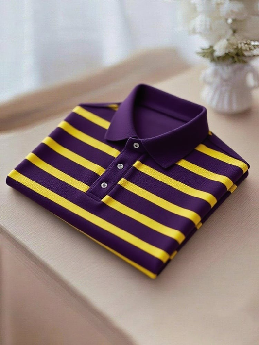 Men's Business Casual Yellow and Purple Striped Button Short Sleeve Polo Shirt