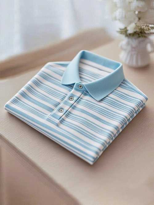 Men's Business Casual Blue Stripe Button Short Sleeve Polo Shirt