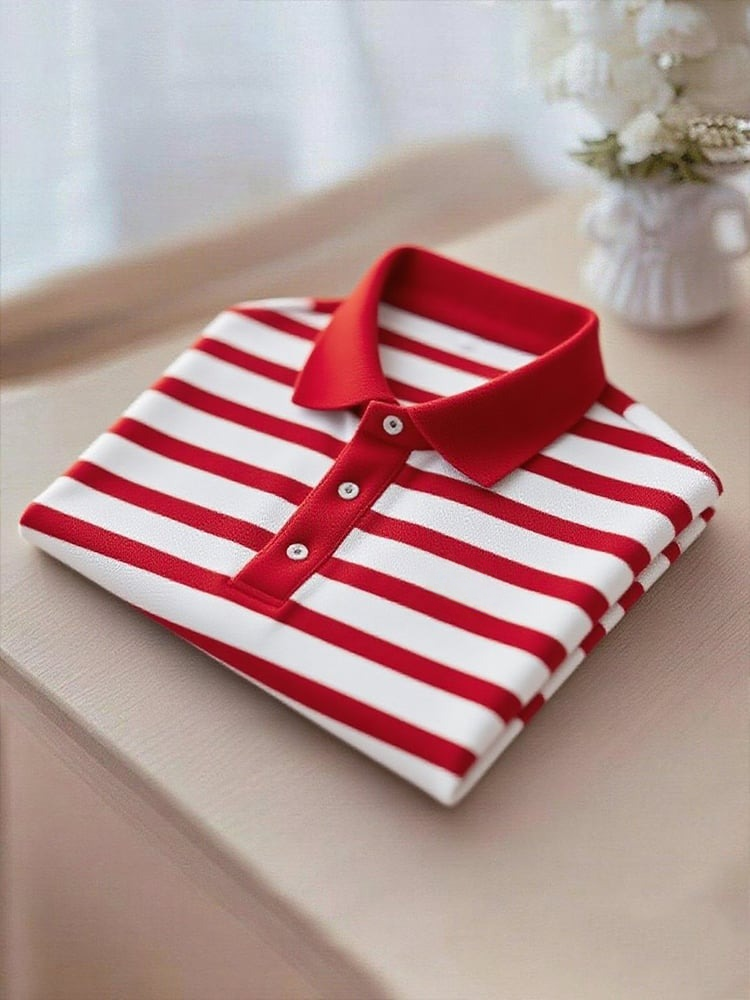 Men's Business Casual Red Stripe Button Short Sleeve Polo Shirt