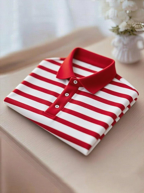 Men's Business Casual Red Stripe Button Short Sleeve Polo Shirt