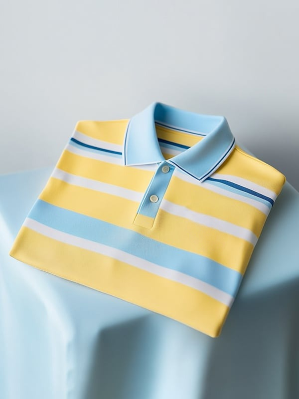 Men's Classic Business Yellow Blue White Striped Logo Button Short Sleeve Polo Shirt