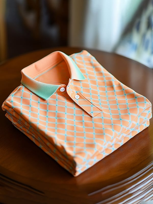 Men's Business Classic Diamond Twill Logo Button Short Sleeve Polo Shirt