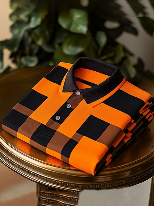 Men's Business Classic Color Block Logo Button Short Sleeve Polo Shirt