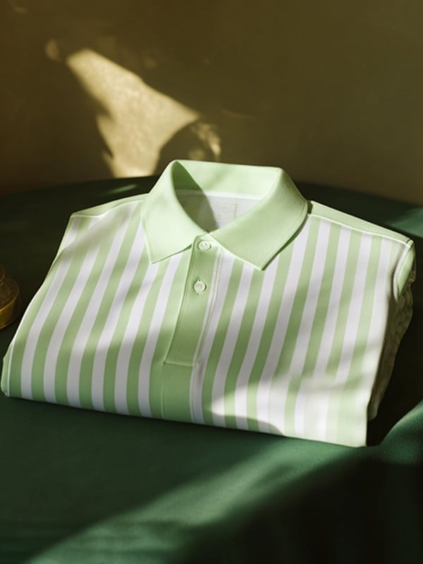 Men's Business Classic Stripe Logo Button Short Sleeve Polo Shirt