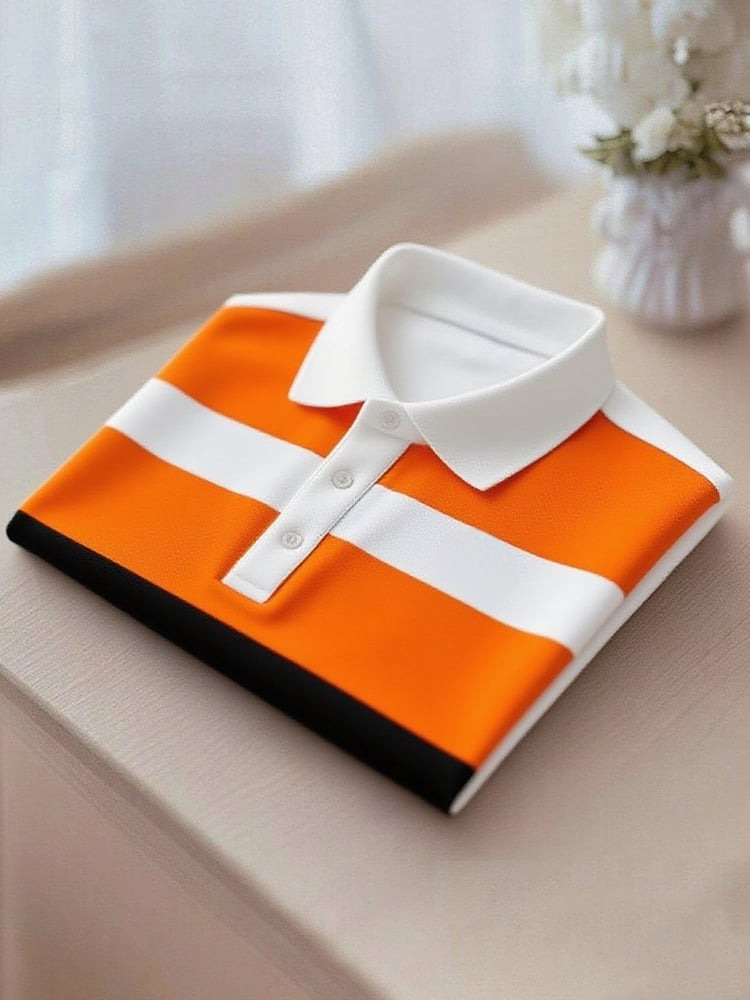 Men's Business Casual Orange and White Block Button Short Sleeve Polo Shirt