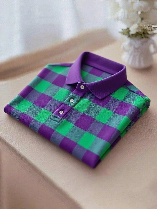 Men's Business Casual Purple Green Plaid Button Short Sleeve Polo Shirt