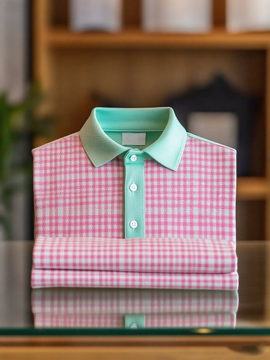 Men's Business Casual Plaid Button Short Sleeve Polo Shirt