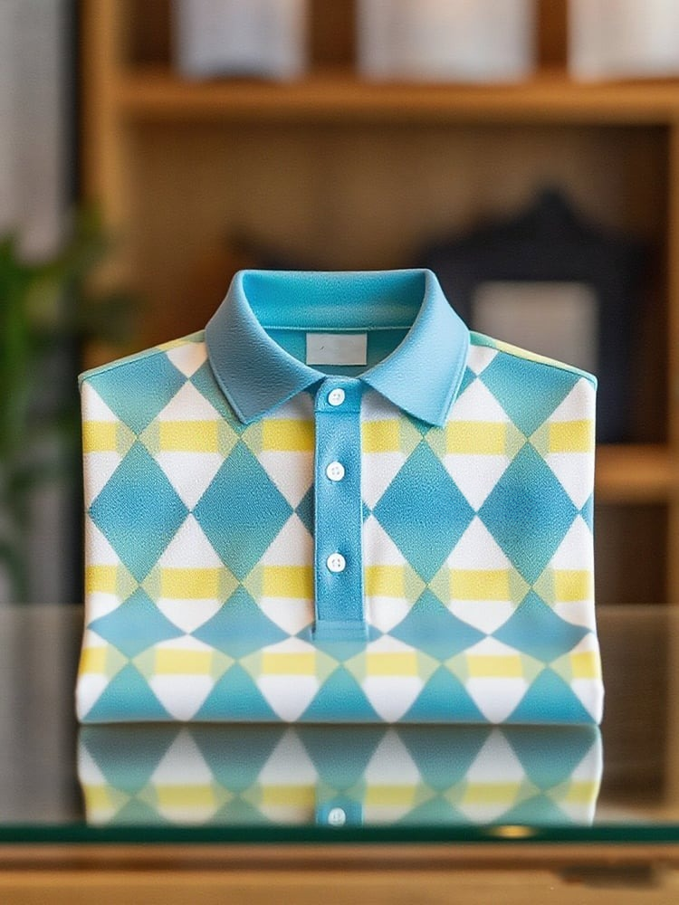 Men's Business Casual Grid Button Short Sleeve Polo Shirt