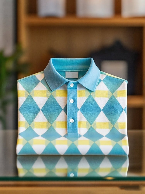 Men's Business Casual Grid Button Short Sleeve Polo Shirt