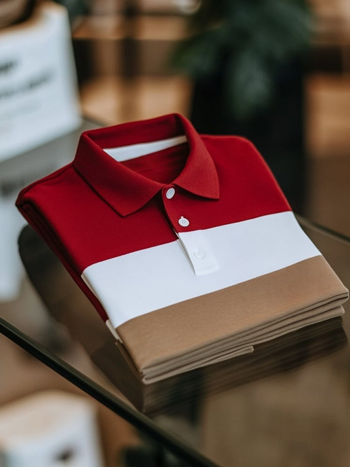 Men's Business Casual White and Red Block Button Short Sleeve Polo Shirt