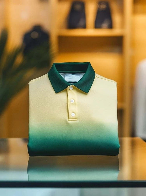 Men's Business Casual Yellow Green Gradient Button Short Sleeve Polo Shirt