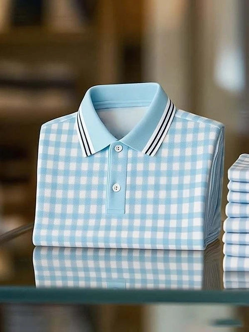 Men's Business Classic Blue and White Check Logo Short Sleeve Polo Shirt
