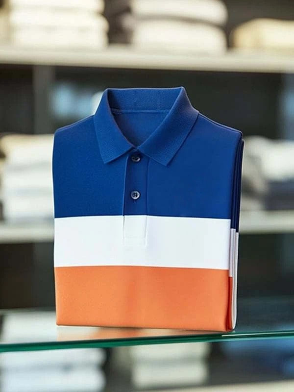 Men's Classic Tricolor Check Business Logo Button Short Sleeve Polo Shirt