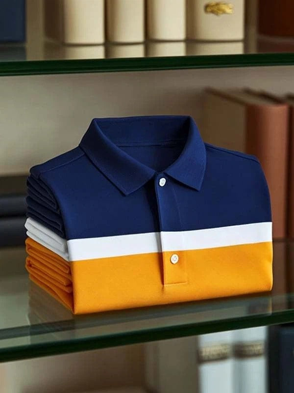 Men's Classic Tricolor Check Business Logo Button Short Sleeve Polo Shirt