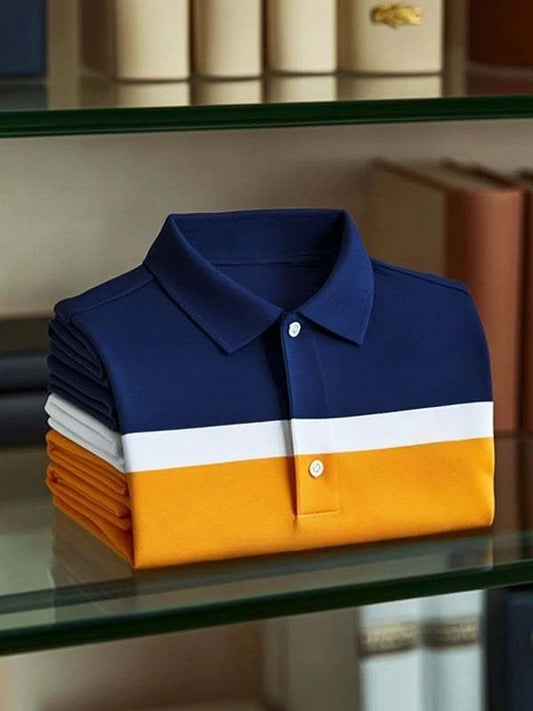 Men's Classic Tricolor Check Business Logo Button Short Sleeve Polo Shirt