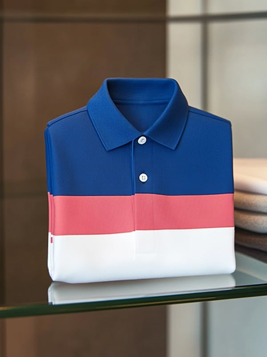Men's Classic Tricolor Check Business Logo Button Short Sleeve Polo Shirt
