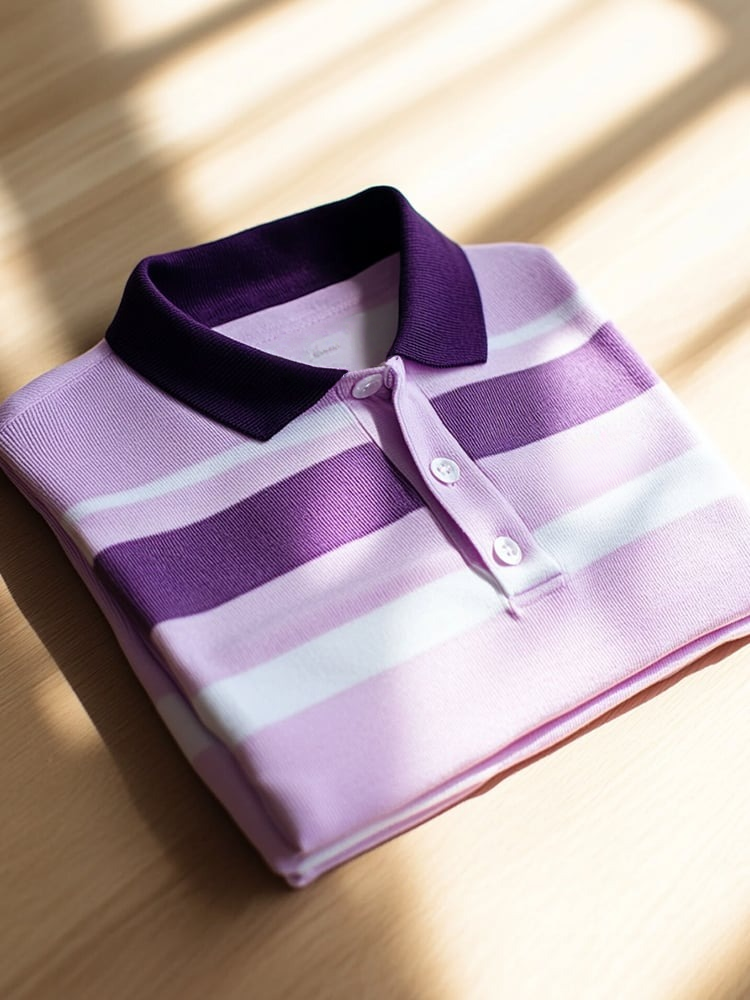 Men's Business Casual Purple Striped Button-Down Short Sleeve Polo Shirt