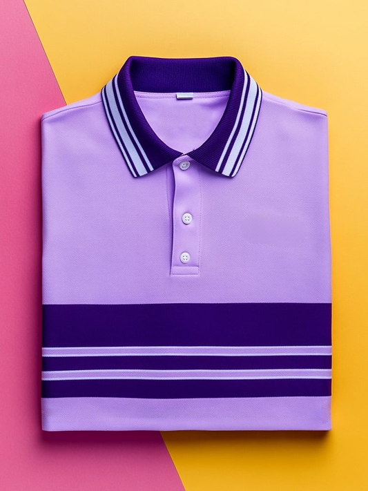 Men's Business Casual Purple Striped Button-Down Short Sleeve Polo Shirt