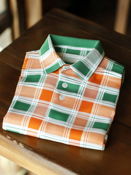Men's Business Casual Orange Green Plaid Button-Down Short Sleeve Polo Shirt