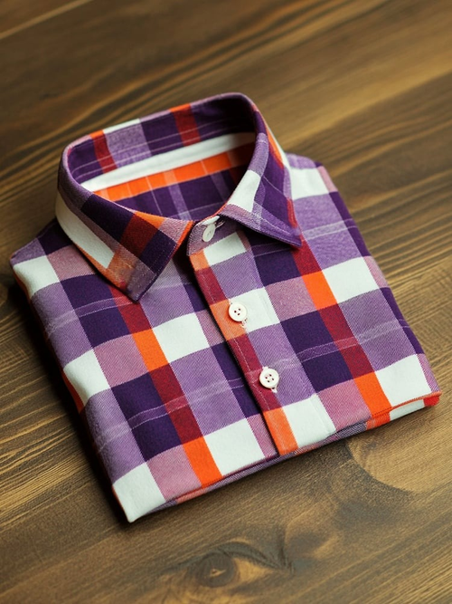 Men's Business Casual Purple and Orange Plaid Button-Down Short Sleeve Polo Shirt