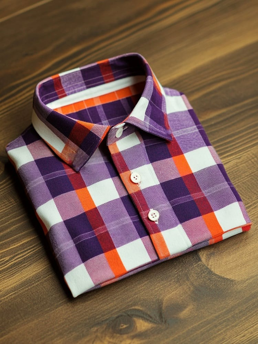 Men's Business Casual Purple and Orange Plaid Button-Down Short Sleeve Polo Shirt