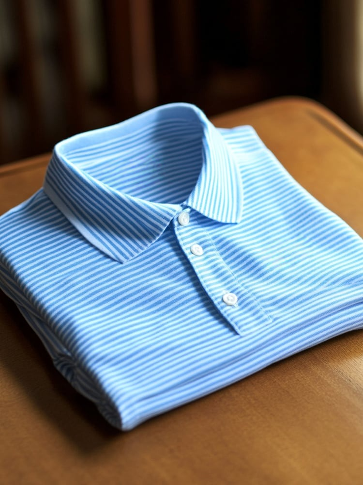 Men's Business Casual Blue Striped Button Short Sleeve Polo Shirt