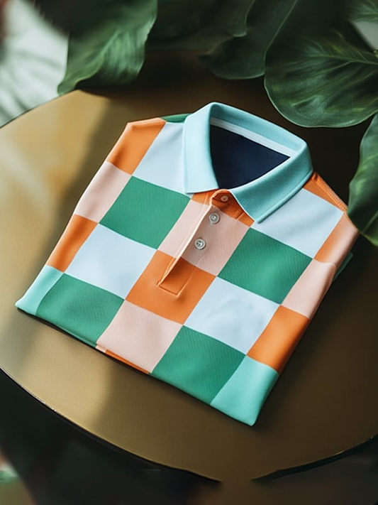 Men's Classic Checkerboard Business Logo Button Short Sleeve Polo Shirt