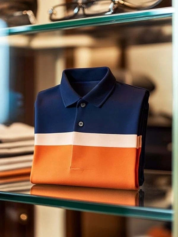 Men's Classic Tricolor Check Business Logo Button Short Sleeve Polo Shirt