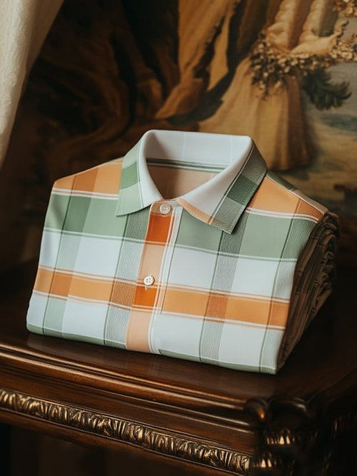 Men's Classic Check Business Logo Button Short Sleeve Polo Shirt